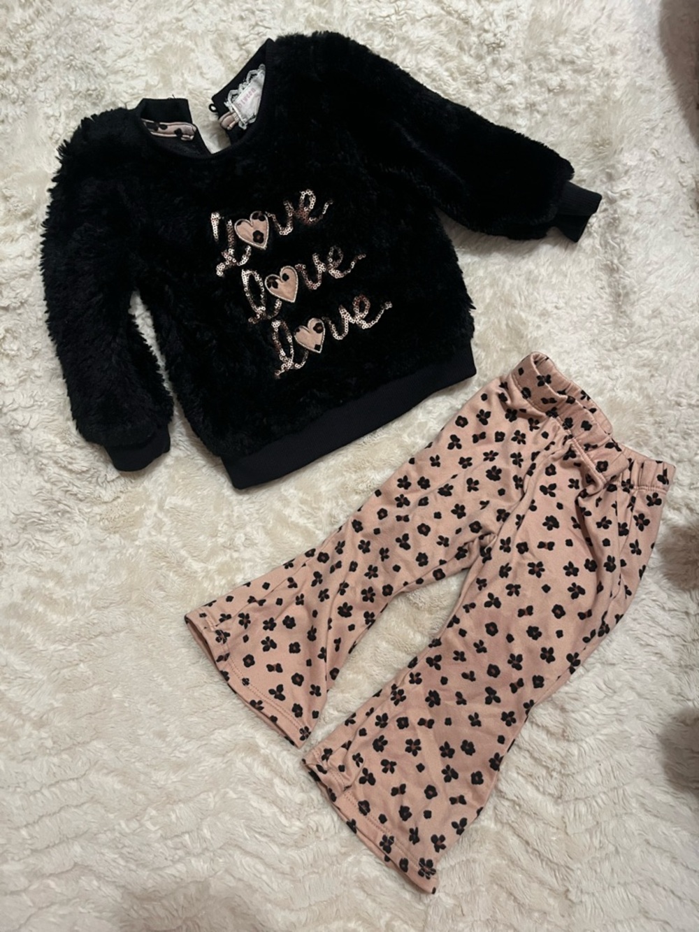Kids Black Faux-Fur Sweater & Tan Floral Pants Matching Set